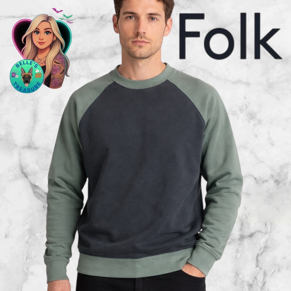 Folk Rivet‎ Sweater Mens Medium 3 Two Tone Green Organic Cotton Raglan Crewneck